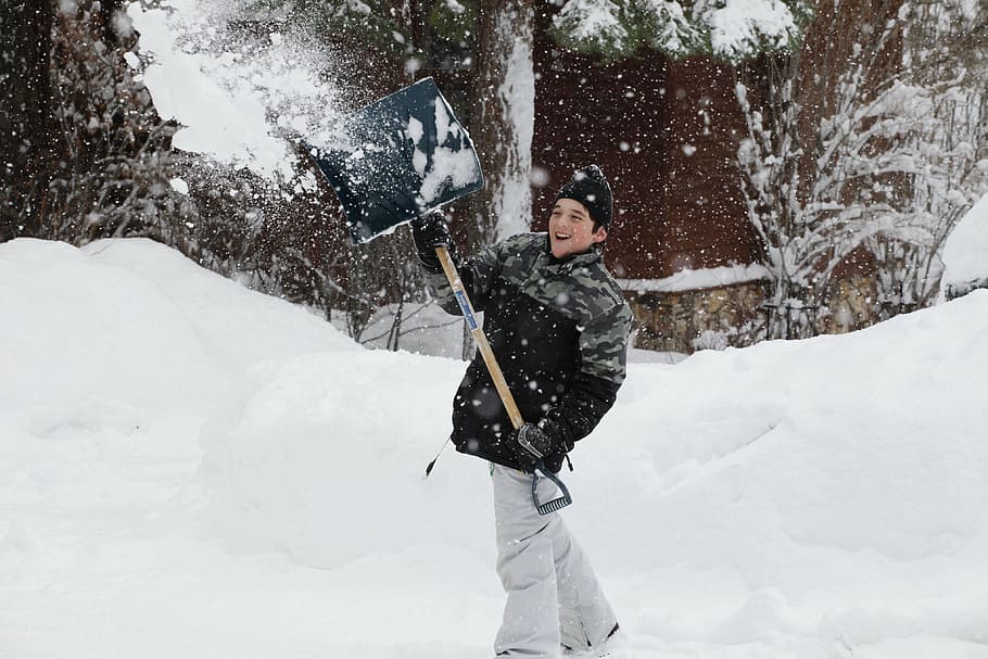 boy, throwing, snow, holding, shovel, winter, white, cold, season, snowfall