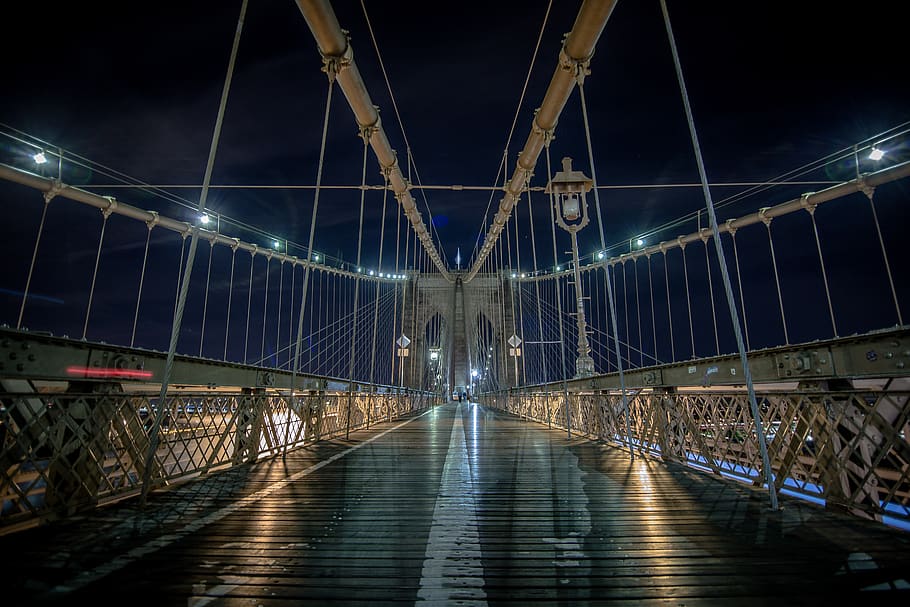 Brooklyn bridge, architecture, city, night, dark, lights, lamp post, ropes, built structure, bridge