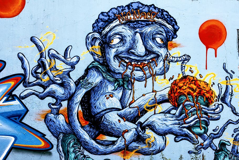 monster eating painting, grafitti, graffiti, street art, colorful, color, spray, wall, art and craft, creativity