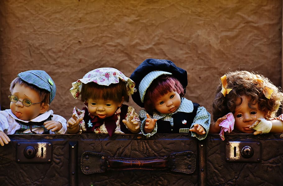 dolls, cute, children, funny, sweet, luggage, antique, leather, old suitcase, junk