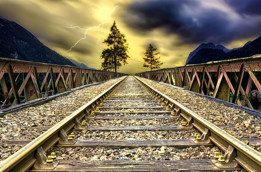 photography, gray, train rails, sunset, dusk, sky, clouds, lightning, storm, hdr