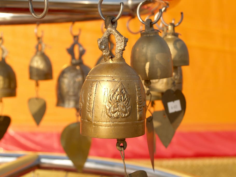 brass-colored bell, bangkok, wat, saket, golden, mount, mountain, thailand, sculpture, oriental