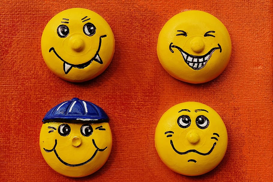 four, assorted, emoji jar lids, smiley, laugh, hand labor, homemade, funny, emoticon, smilies