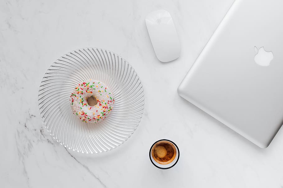 donuts, coffee, flat, flatlay, marble, white, desk, Macbook, Laptop, sweet food