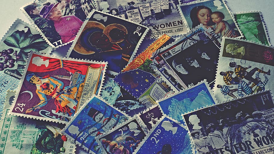 perangko, koleksi, close up, surat, seni, desain, representasi manusia, komunikasi, latar belakang, perwakilan