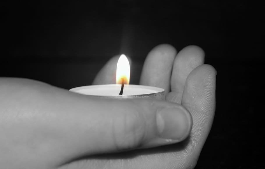 grayscale photo, person, hand, holding, tealight candle, candle, tealight, light, child's hand, keep