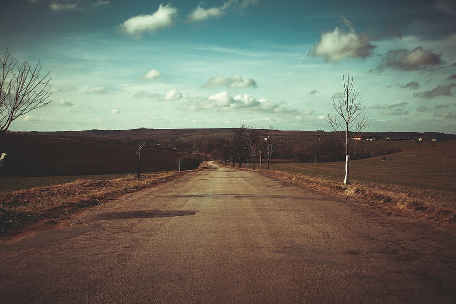grey, road, daytime, brown, calm, clouds, cloudy, country, cyan, fields