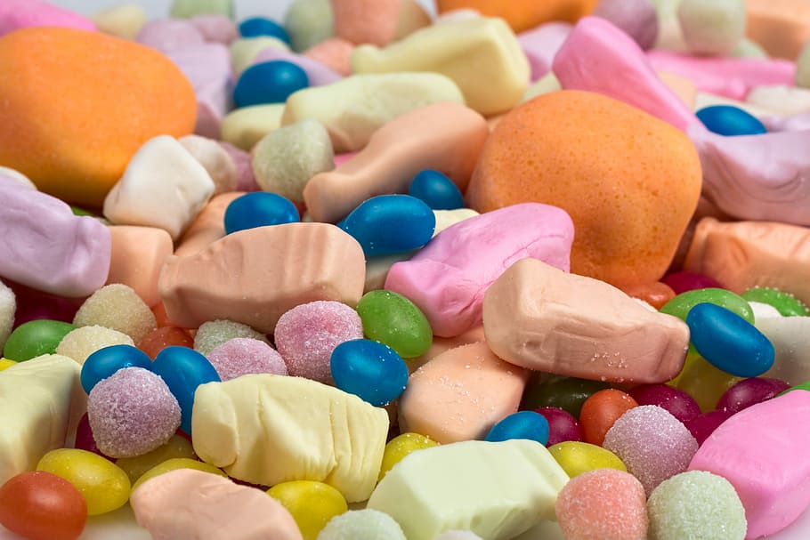 assorted candy lot, candy, jelly beans, confectionery, marshmallows, sugar, confection, sweet, assorted, vibrant