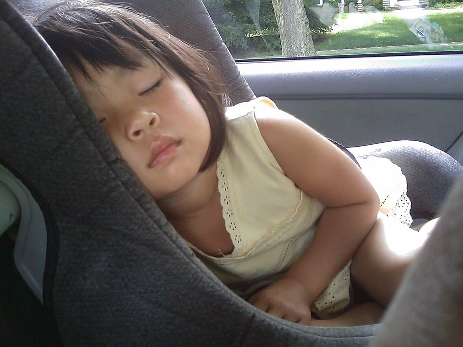 toddlers, wearing, yellow, shirt, child, sleeping, car seat, girl, baby, childhood
