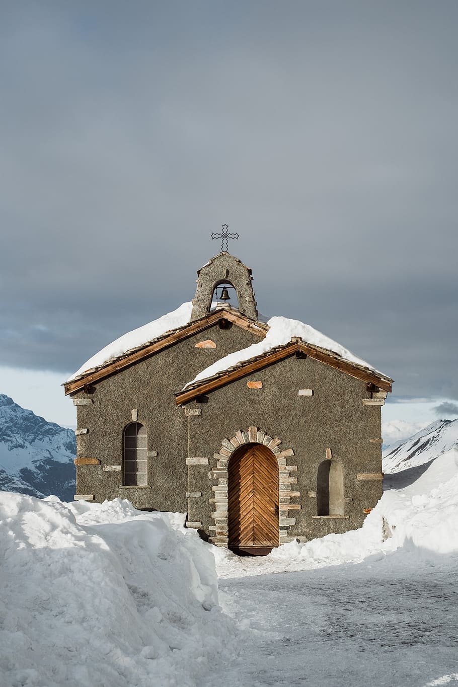 church, cross, bell, winter, snow, cold, sunlight, sunny, sky, cold temperature