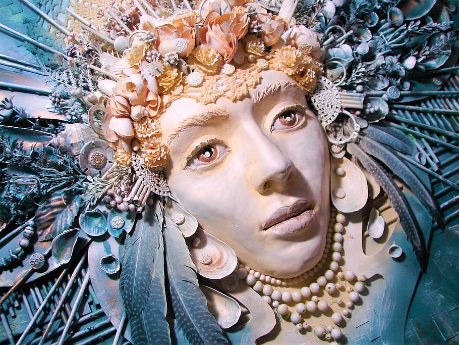 decoración de la cara de la mujer, cara, arte, pintura, la estatua de, plumas, mujer, azul, collage, una persona