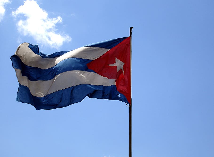 flag, cuba, sky, patriotism, wind, low angle view, blue, environment, nature, day