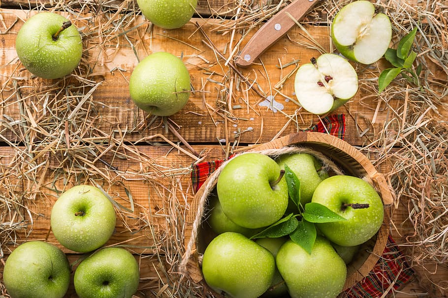 green, apple, basket, apples, fruit, table, summer, harvest, ripe, apple orchard