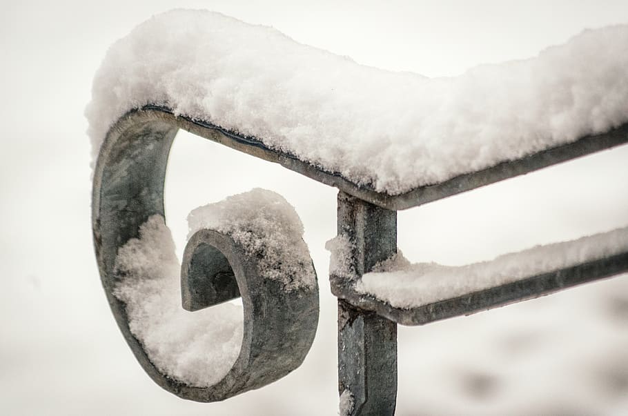 winter, snow, cold, metal, handrail, white, cold temperature, close-up, focus on foreground, day