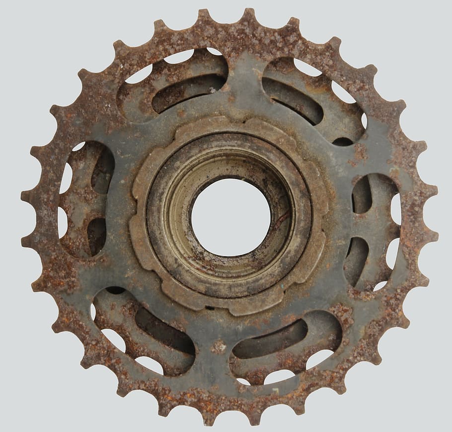 piñón gris oxidado, bicicleta, ciclo, engranaje, óxido, acero, metal, pieza de máquina, círculo, metálico