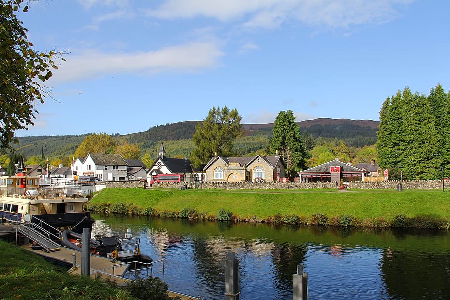 scottish house, house, lake, water, river, tree, loch ness, autumn, countryside, travel