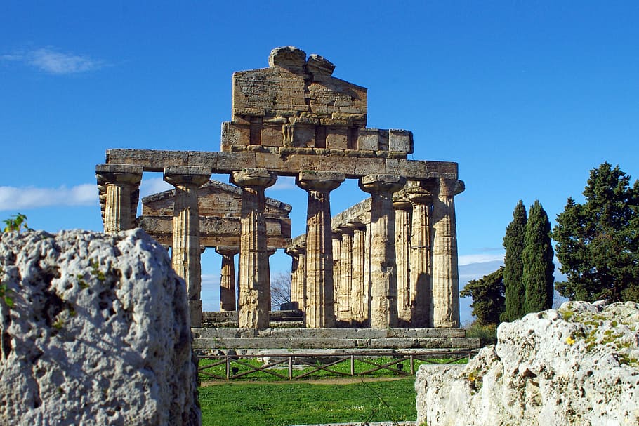 paestum, salerno, italy, temple of athena, magna grecia, ancient temple, greek temple, doric style, archaeology, old Ruin