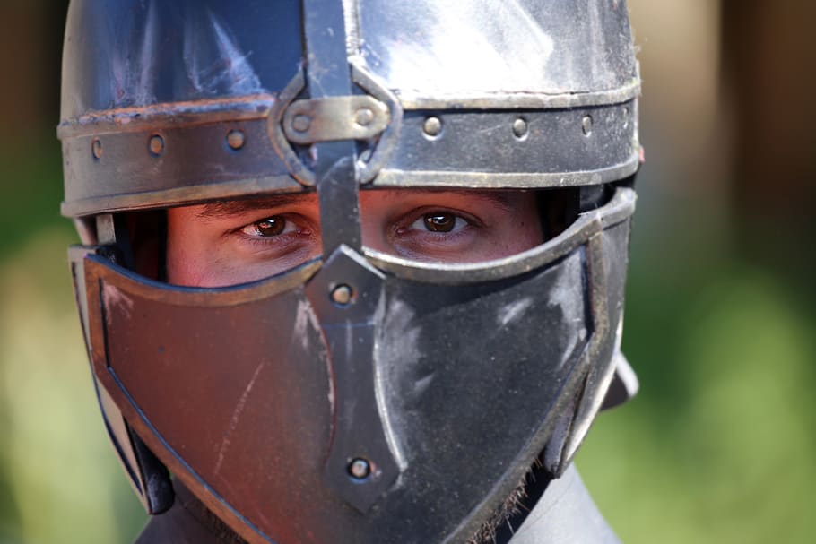 knight, helm, cosplay, eyes, armor, knight helmet, iron, chevalier, metal, protection