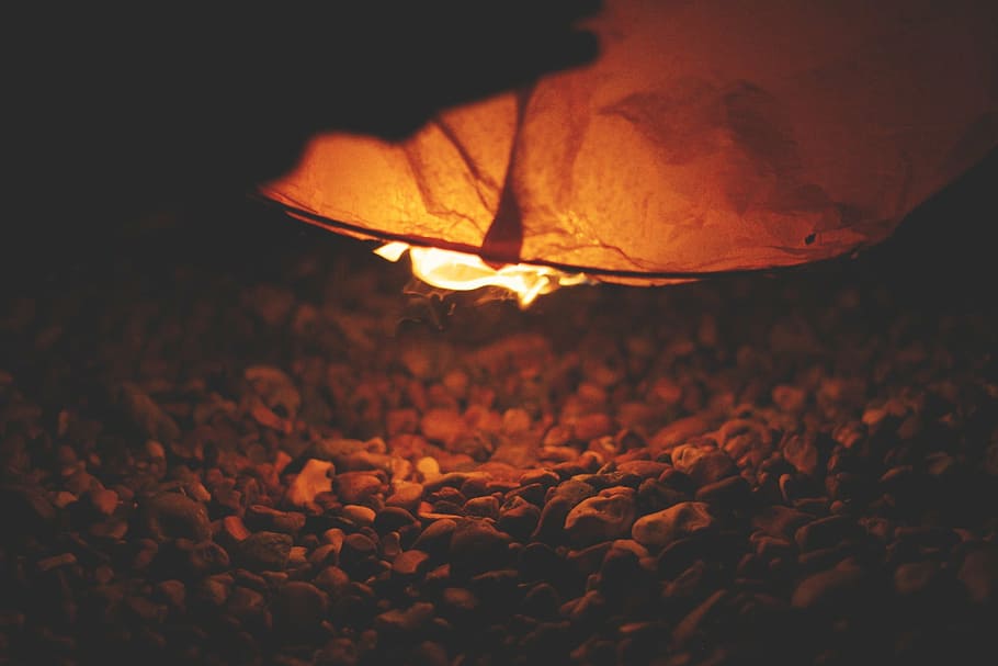 close-up photo, stone, leaf, fire, lantern, illustration, flame, night, outdoors, sunset