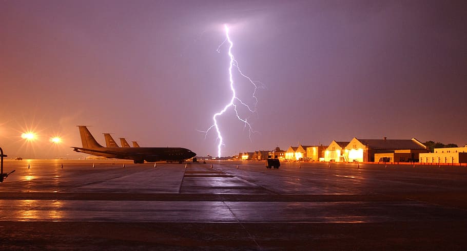 airplane, parked, concrete, road, lightning thunder, nighttime, lightning, strike, night, storm