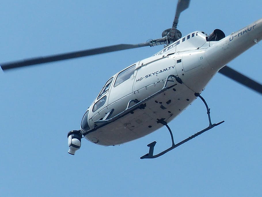 white helicopter, film team, watch tv, tv crew, film shots, surveillance camera, camera, helicopter, monitoring, air monitoring