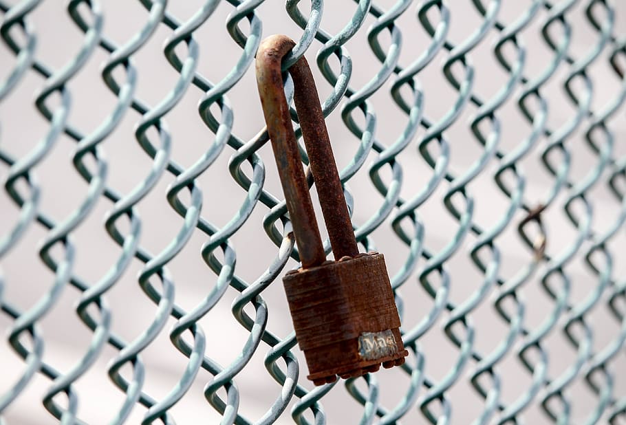 seguridad, cerradura, oxidado, cerca, cadena, alambre, barrera, límite, metal, protección