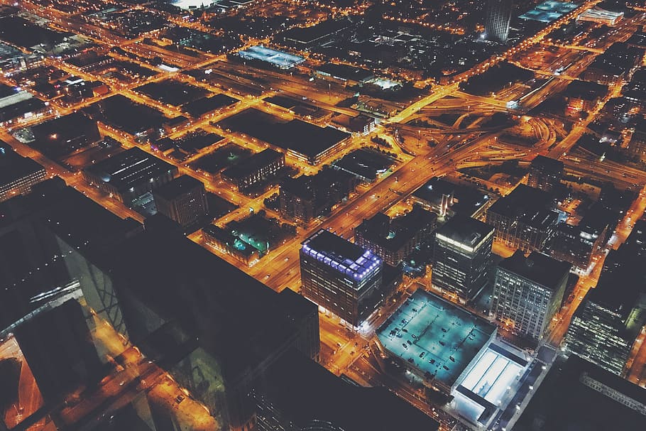 kota, chicago, malam, Kota Chicago, di malam hari, perkotaan, uSA, aerial View, cityscape, Scene perkotaan