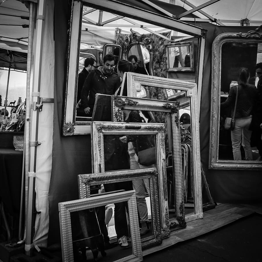 mirrors on wall, paris, street, rummage sale, reflection, flea market, trader, real people, men, group of people