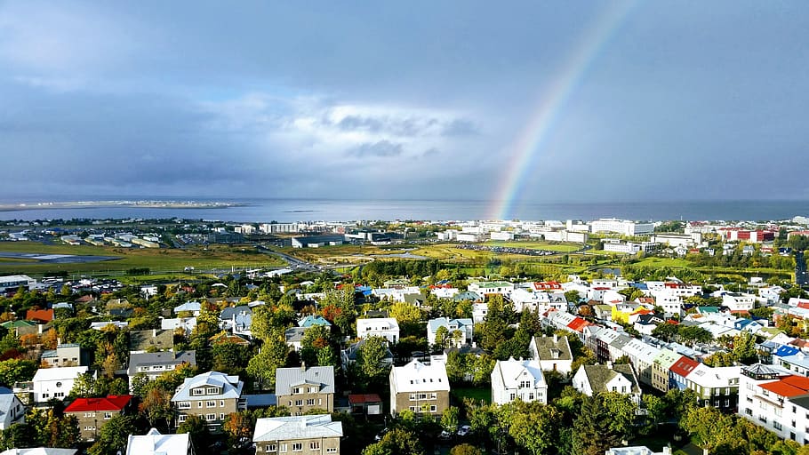 iceland, rainbow, landscape, view, reykjavik, houses, colors, colorful, roof, rooftops