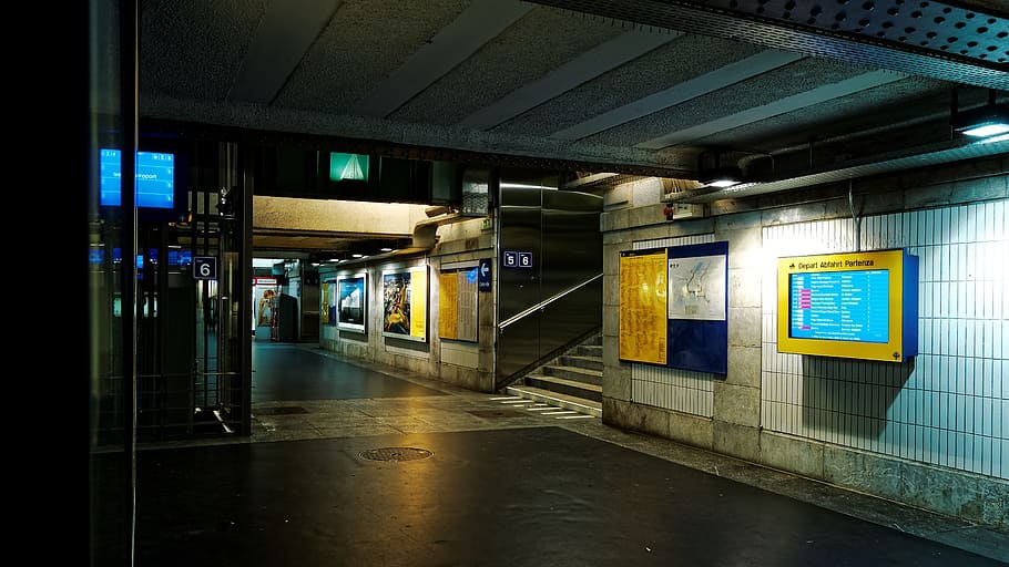 underpass, railway station, lausanne, sbb, switzerland, night, pedestrian, wall tiling, neon lighting, underground