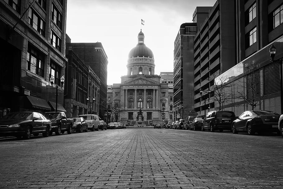 grayscale photo, concrete, building, capitol, indiana, indianapolis, usa, state, architecture, downtown