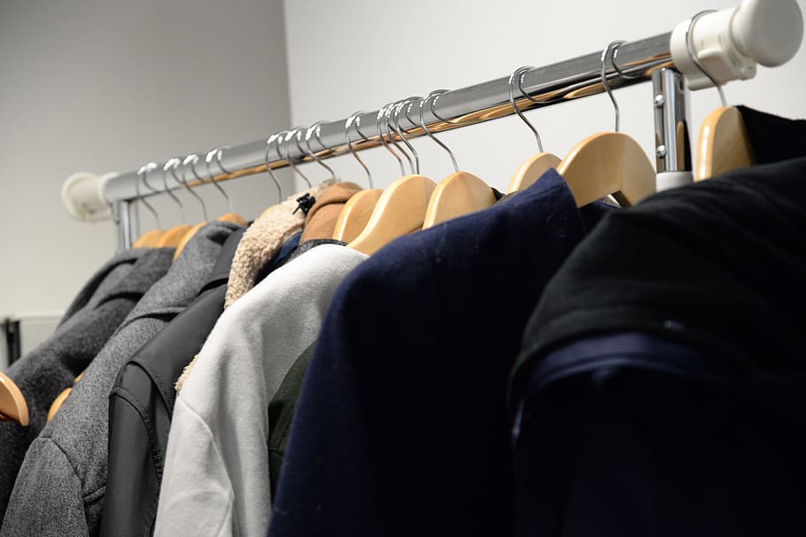hanger, cloths, jacket, coat, outer, coathanger, rack, clothing, in a row, clothes rack