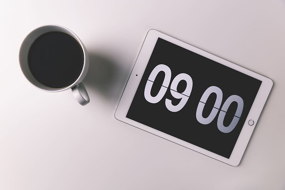 cup, coffee, digital, clock, displaying, morning time, Cup of coffee, iPad, digital clock, morning