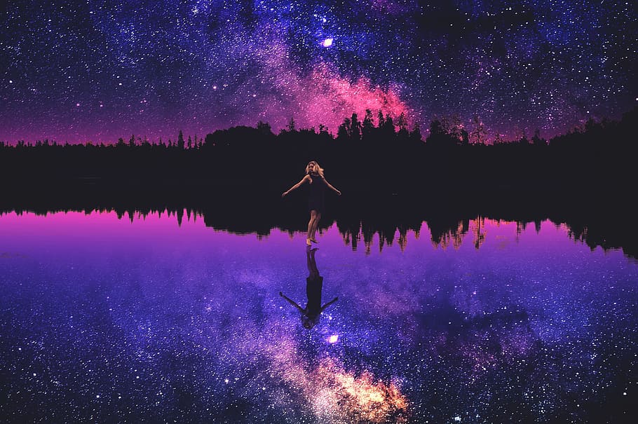 photoshop, natural, scenery, daughter, the night sky, water, one person, scenics - nature, star - space, reflection