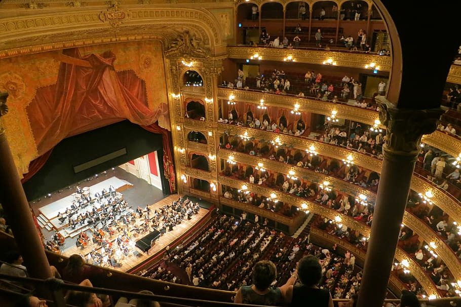 Vista de teatro, ópera, orquesta, música, concierto, clásico, musical, entretenimiento, teatro, escenario