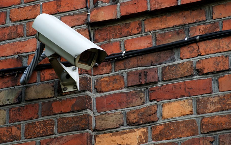white, bullet surveillance camera, Camera, Monitoring, Protection, security camera, external cameras, city, brick, wall - Building Feature