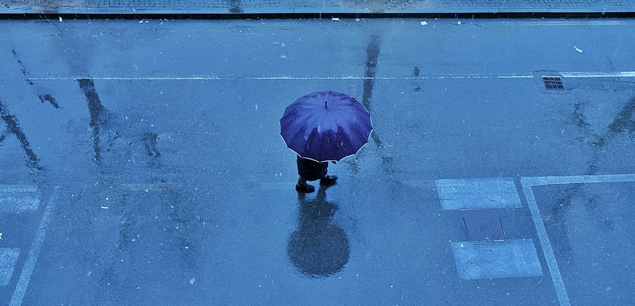 pessoa, Caminhando, estrada, azul, guarda-chuva, vista aérea, Guarda-chuva azul, chuva, gotas, agua
