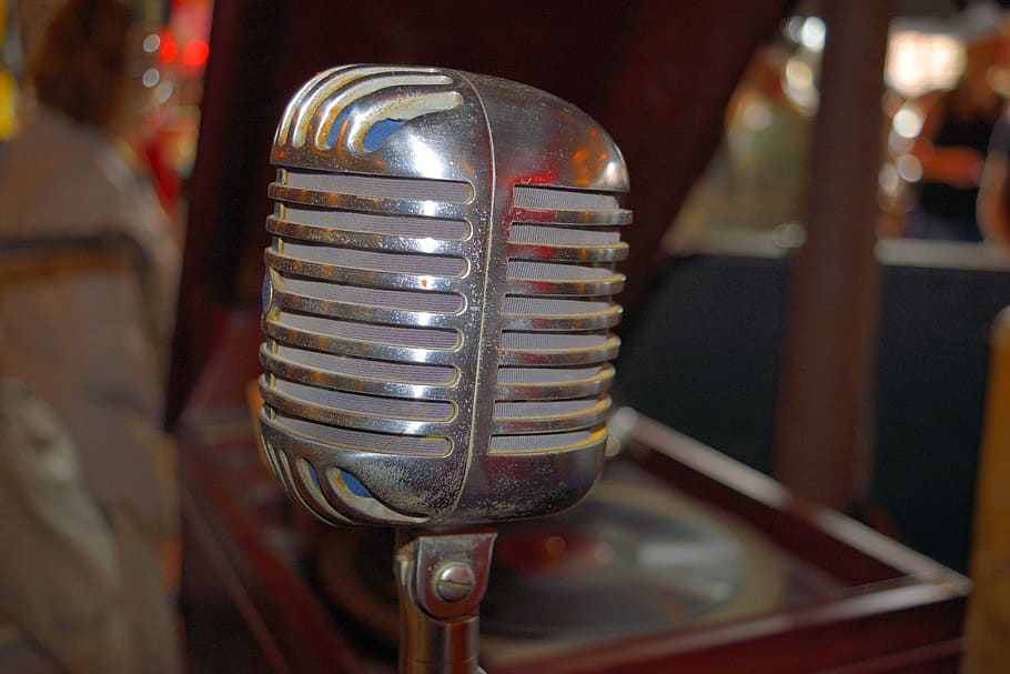 shallow, focus photo, gray, microphone, old microphone, vintage, retro, antique, music, sound