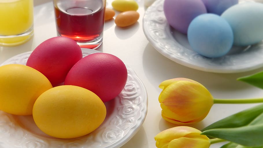 two, red, yellow, eggs, white, saucer, tulip flower, egg, easter, food