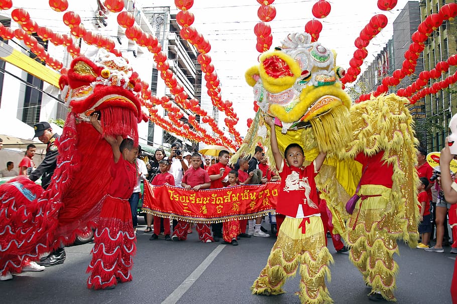 group, person, performing, dragon dance, street, the lion dance, chinese new year, china town, group of people, traditional clothing