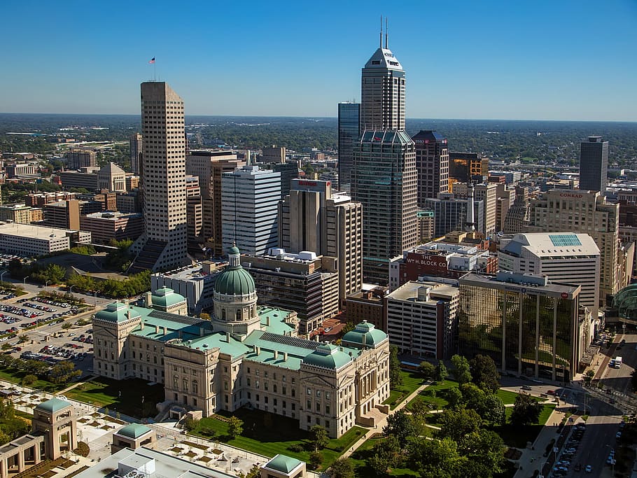 aerial, concrete, buildings, daytime, indianapolis, indiana, city, urban, cityscape, skyline