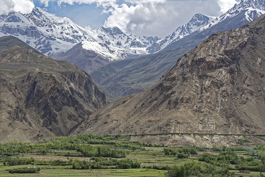 tajikistan, province of mountain-badakhshan, pamir, high mountains, pandsch valley, landscape, mountains, river, snow, border area