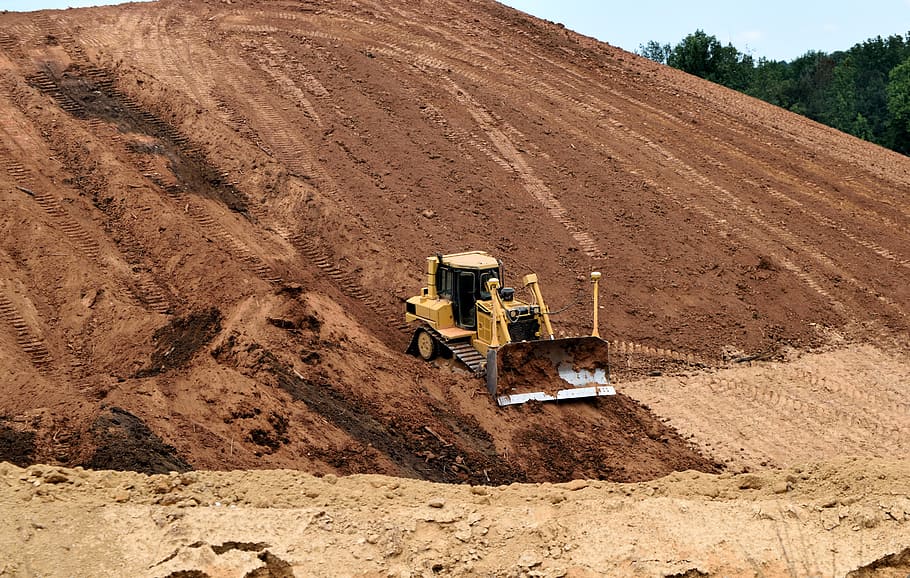 yellow, heavy, equipment, brown, soil, bulldozer, heavy equipment, construction site, industry, clay dirt