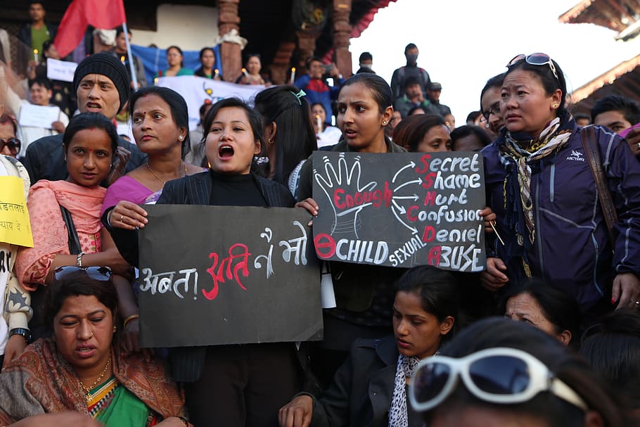 protest, basantapur, kathmandu, large group of people, crowd, group of people, real people, text, women, men