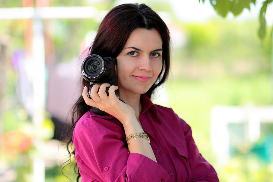 woman, holding, dslr camera, photographer, camera, girl, professional, portrait, photo shoot, one person