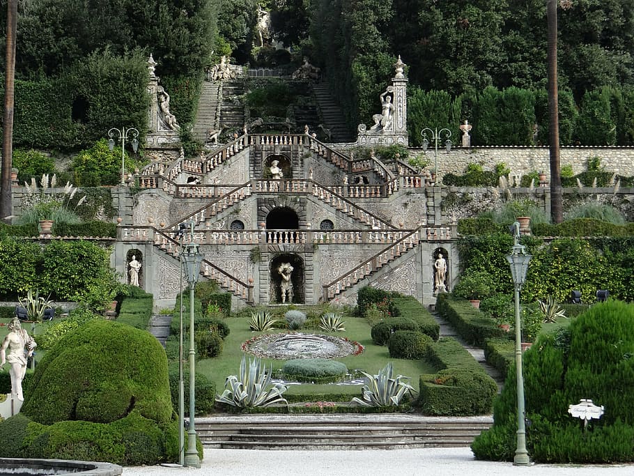 taman villa garzoni, tuscany, collodi, italy, lantai dasar bordir, tangga, langkan, area hijau, tanaman, pohon