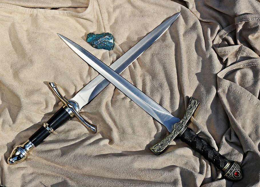 two, silver swords, black, handle, knife, weapon, middle ages, blade, sharp, blacksmithing