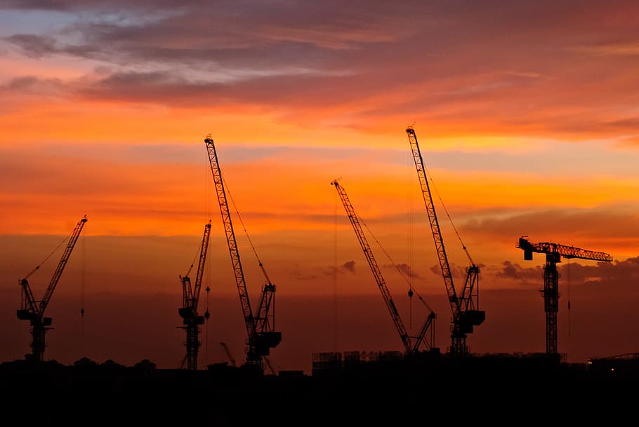 cranes, crane, tower crane, industry, sunset, twilight, construction, dusk, sky, clouds