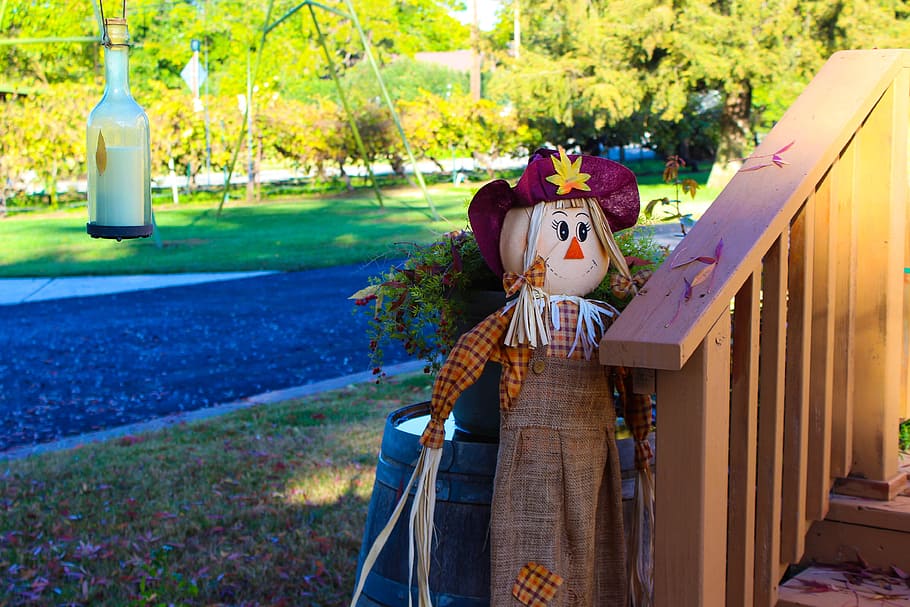 Scarecrow, Yard, Decor, Beautiful, happy, autumn, outside, one person, tree, outdoors
