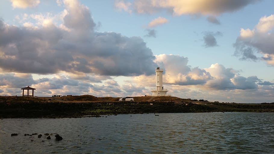 large, body, water, across, lighthouse tower, daytime, Jeju Island, Lighthouse, Sea, jeju sea